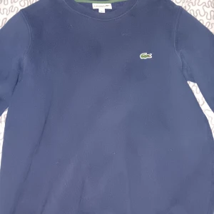Mörkblå sweatshirt från Lacoste s - Mörkblå crewneck från lacoste köpt för nypris på 1500kr. klassisk modell med rund hals och lång ärm. Ikoniska krokodilloggan broderad på bröstet och vit detalj längs ärmarna. Skön bomullskänsla och relaxed fit, perfekt för en chill och stilren look.