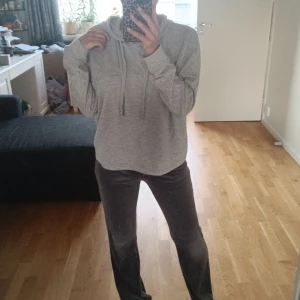 Grå velourbyxor med rak passform & grå tunn hoodie - Mysiga grå velourbyxor med rak passform och resår i midjan. Byxorna har en loose fit och är perfekta för chill dagar. Materialet är mjukt och ger en skön känsla mot huden. Snygga att matcha med en grå hoodie som t.ex. den i annonsen. Hoodien kommer från bikbok, är st. och kostar 60 kr. Byxorna kommer från Gina Tricot, är st XXS och kostar 100 kr