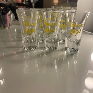 Galliano Hot Shot glas - Säljer ett set med Galliano Hot Shot glas. Glasen är genomskinliga med gul text och har en klassisk form som passar perfekt för shots. Perfekt för att servera dina favoritdrinkar med stil.