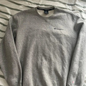 Grå sweatshirt från Champion - Säljer en klassisk grå sweatshirt från Champion. Tröjan har en rund halsringning och långa ärmar. Den är perfekt för en avslappnad stil och har Champion-loggan broderad på bröstet. Tröjan är i storlek L men passar nog även de flesta med storlek M.