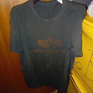 Mörkgrön Alpha Industries t-shirt - Snygg mörkgrön t-shirt från Alpha Industries med klassisk logga tryckt i bronsfärg på bröstet. Modellen har rund hals och korta ärmar, tillverkad i mjuk bomull som känns skön mot huden. Perfekt för dig som gillar streetwear och vill ha en clean look. Men man ser inte märket o vad som står så tydligt på framsidan 