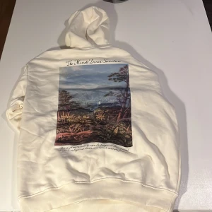 Vit hoodie med konsttryck från H&M - Säljer en vit hoodie från H&M i loose fit med trycket The Minds Inner Sanctum på bröstet och ett stort konstmotiv på ryggen. Tröjan har huva med snörning och är tillverkad i mjuk bomull. Perfekt för dig som gillar unika prints och chill stil.