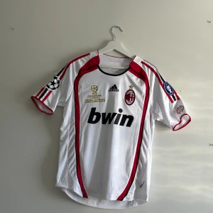 AC Milan Kaka Champions League tröja - Säljer en AC Milan bortatröja från Champions League med Kaka och nummer 22 på ryggen. Tröjan är vit med röda och svarta detaljer, Adidas-logga, Bwin sponsortryck och Champions League-patchar på ärmarna. Tillverkad i lätt och ventilerande polyester.