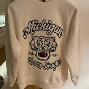 Beige Michigan sweatshirt från H&M Divided - Beige sweatshirt från H&M Divided med stort broderat tigertryck och texten 'Michigan Sports League' framtill. Tröjan har rund hals, långa ärmar och är gjord av 50% återvunnen polyester. Perfekt för en sportig och trendig look.