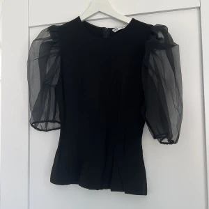 Svart blus med puffärmar från Zara - Supersnygg svart blus från Zara med transparenta puffärmar i mesh och rund halsringning. Toppen har en figurnära passform och dragkedja bak. Perfekt för dig som vill sticka ut med coola detaljer och en elegant siluett.