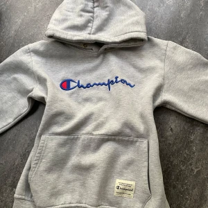 Grå hoodie från Champion - Snygg grå hoodie från Champion med blå och röd broderad logga på bröstet och ärmen. Tröjan har huva, magficka och ribbade muddar. Perfekt för en chill och sportig stil.