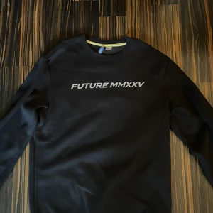 Svart sweatshirt Future MMXXV Divided XS - Svart sweatshirt från Divided i storlek XS med trycket 'FUTURE MMXXV' framtill och en stor grafisk triangel med samma text på ryggen. Använd bara några få gånger. 60kr + frakt, eller bara 60 kr om man hämtar den hos mig👍