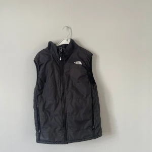 Svart dunväst från The North Face - Säljer en svart dunväst från The North Face med hög krage och dragkedja framtill. Västen har två fickor med dragkedja och en stilren logga på bröstet. Perfekt för lager-på-lager och enkel att matcha med olika outfits.
