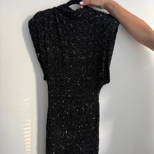 Svart glittrig paljettklänning - Supersnygg svart klänning täckt av glittrande paljetter. Den har axelvaddar och en tight passform som markerar midjan. 