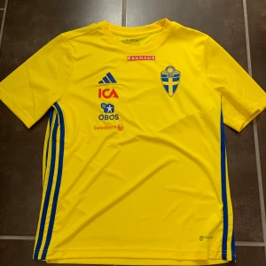Svenska landslagets fotbollströja, adidas  - Gul kortärmad fotbollströja från Adidas med blå detaljer och svenska landslagets emblem på bröstet. Tröjan har tryckta sponsorer och blå ränder längs sidorna. Perfekt för dig som vill stötta Sverige på match! Aldrig använd! 