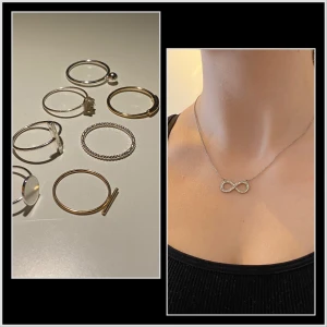 Ringar och halsband - 7 st ringar i storlek M från H&M och ett fint halsband men evighetstecken. På bilden är den så kort det går. Hansbandet har använts några gånger men ringarna är aldrig använda.