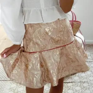 Hej! Säljer denna underbara unika kjol från Sandro Paris! I nyskick o SUPERfin. Den är champange/rosa med guld detaljer o röda streck. Passar XS-S Minns inte nypris men runt 1600kr. Säljer för jag inte använder längre