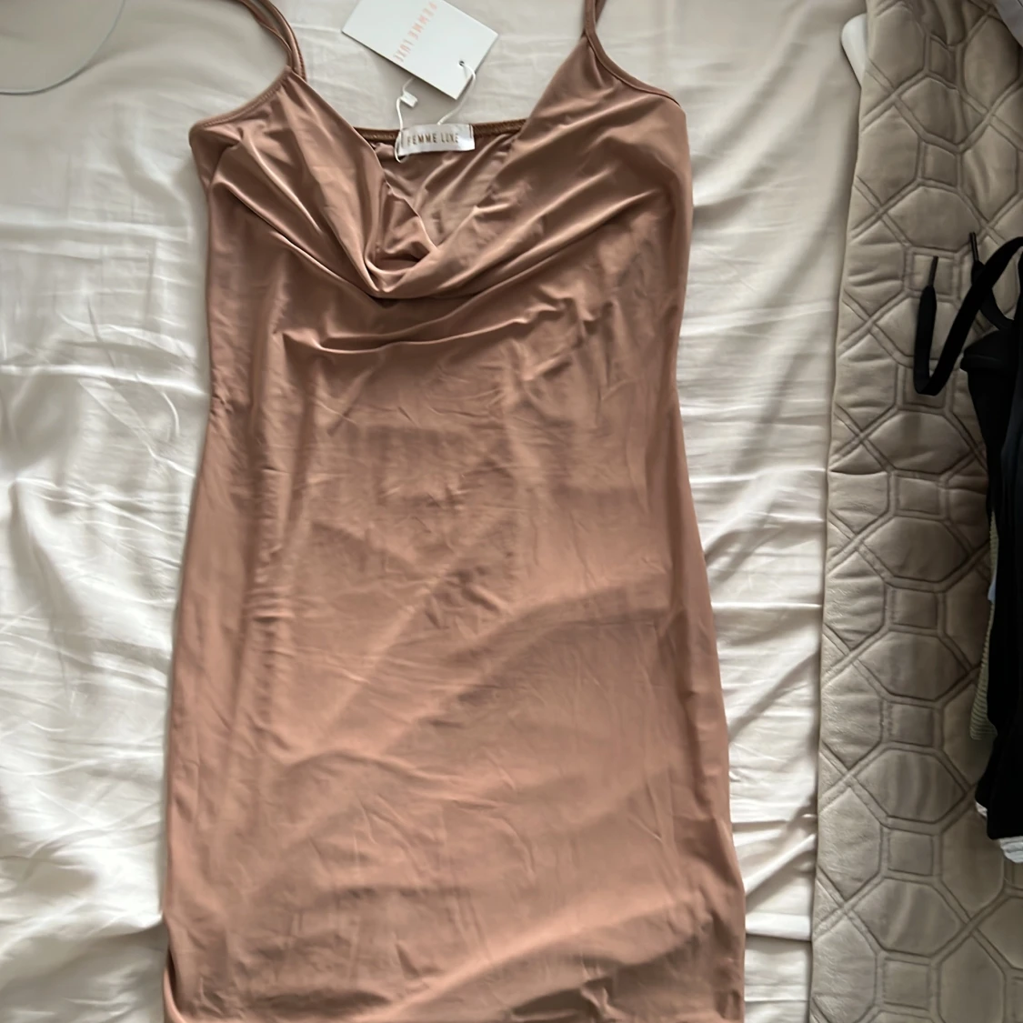 Camel slinky cowl neck mini dress- river