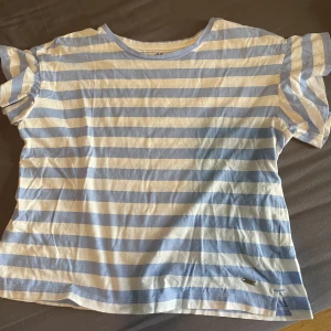 Randig t-shirt med volang ärm - En vit och blårandig topp med volang ärmar