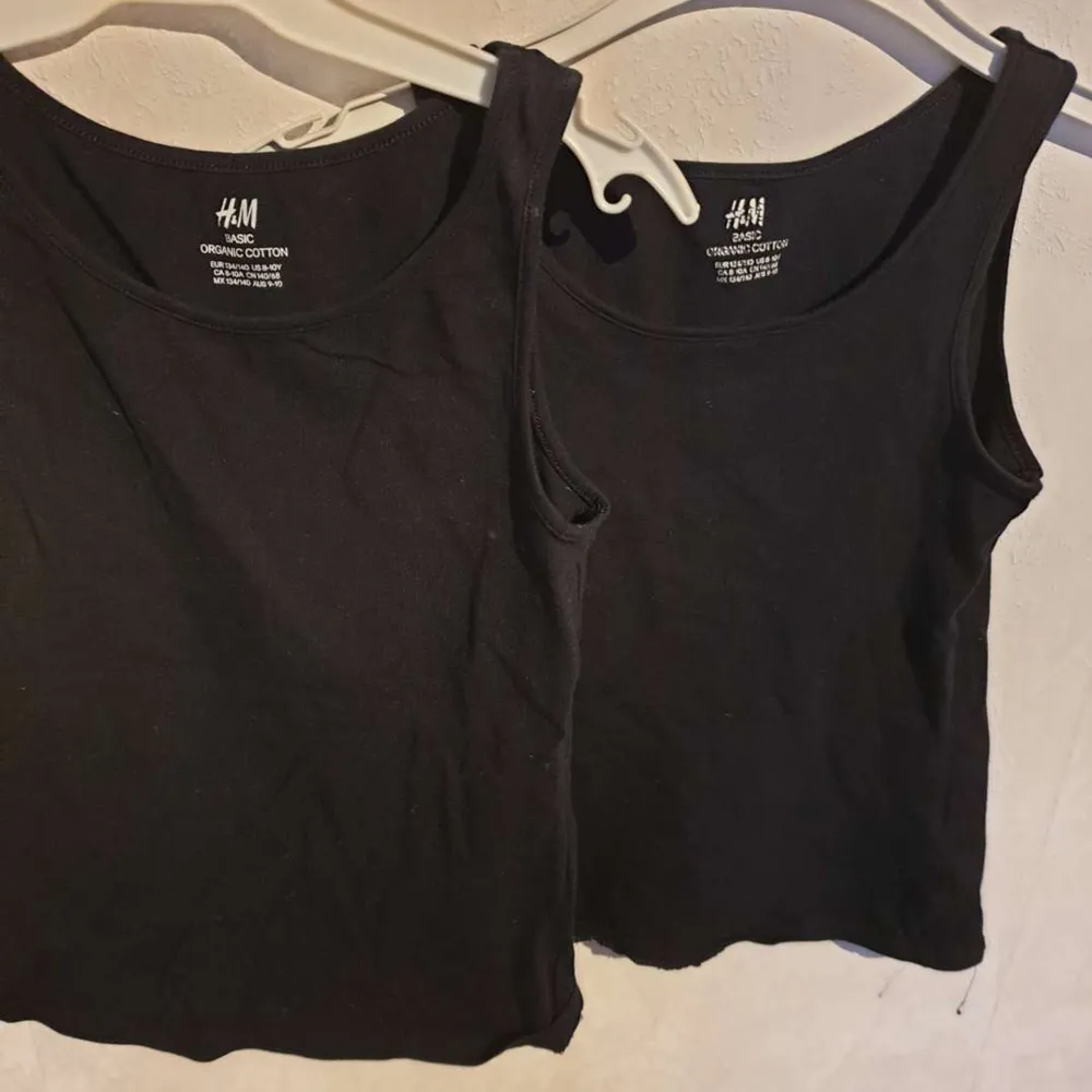 Två super fina basic linnen med inte jätte tjocka band. Stoleken är 134/140. Linnerna kostar 30kr/st så vill man köpa båda kostar det 60. En av dem är lite mer andvänd. Båda är från H&M. passar super till sommaren. (Tryck inte på köp nu). T-paidat.