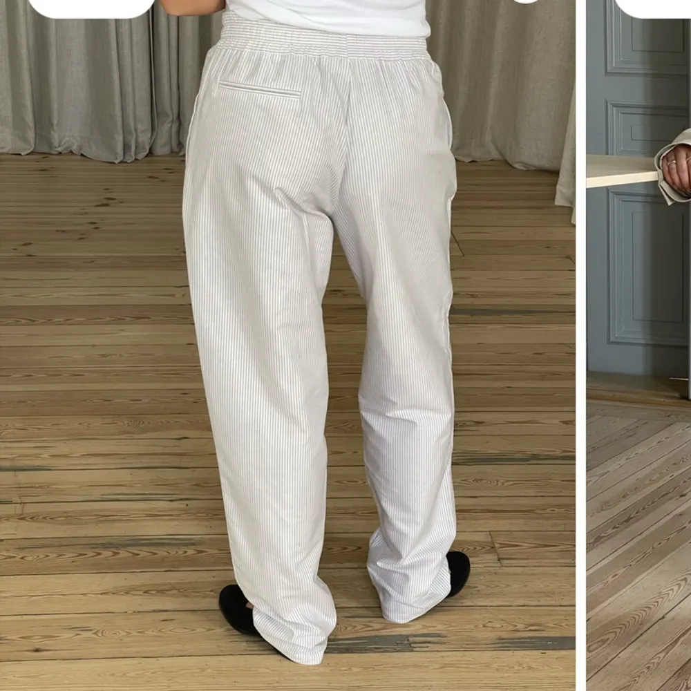 Säljer ett par sparsamt använda Breezy pants beige stripe, stl XS. Jag har vanligtvis S och de passar mig jättebra🌸 Inga defekter! Helt underbara byxor, älskar!🩷 Säljer bara vid bra bud.  Dm vid frågor!🦋. Jeans & Byxor.