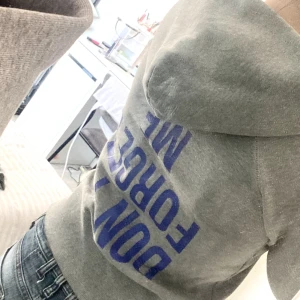 Huvtröja - Grå bekväm Huvtröja med lila text i ryggen. Jättefin och enkel nu till våren. Köpt secondhand.