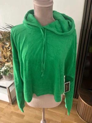 Grön hoodie i mjukt tyg - Säljer en grön hoodie med huva och dragsko. Hoodien har en avslappnad passform, långa ärmar och är gjord i ett mjukt, frottéliknande material. Perfekt för dig som gillar färg och vill ha något bekvämt och chill att slänga på sig.