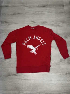 Röd sweatshirt från Palm Angels - Röd sweatshirt från Palm Angels med vit tryckt text och en stor örn på bröstet. Tröjan har rund halsringning, långa ärmar och ribbade muddar vid ärmslut och nederkant. Perfekt för en streetwear-look.