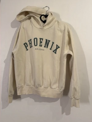 Beige hoodie  - Säljer en beige hoodie med huva och trycket 'PHOENIX ARIZONA' i grönt på bröstet. Hoodien har ribbade muddar vid ärmslut och nederkant samt en avslappnad passform. Perfekt för dig som gillar college-stil och vill ha något bekvämt och stilrent.