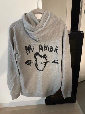 Hoodie  - Så snygg grå hoodie med tryck på ryggen som knappt är använd! 