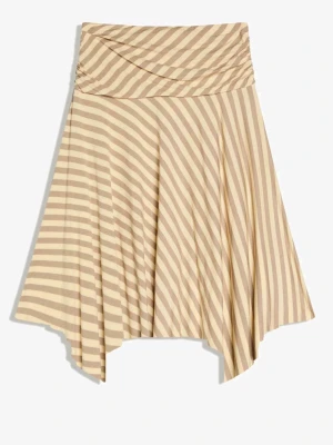 Beige och brun randig kjol Bershka - Säljer en beige och brun randig kjol från Bershka med asymmetrisk nederkant och bred linning. Kjolen har ett mjukt, stretchigt material och diagonala ränder som ger en cool look. Perfekt för dig som gillar unika detaljer och sköna plagg.