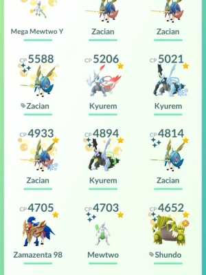 Pokémon GO samling med legendariska Pokémon - Säljer ett Pokémon GO-konto med en grym samling legendariska och shiny Pokémon som Zacian, Kyurem, Zamazenta, Mewtwo, Groudon, Necrozma, Crawdaunt och Malamar. Perfekt för dig som vill ta ditt spelande till nästa nivå med starka och sällsynta Pokémon.