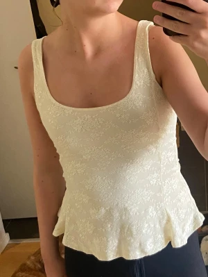 Gul spetsmönstrad topp med volang - Söt gul topp med spetsmönster och breda axelband. Toppen har en figurnära passform och en liten volangkant nedtill som ger en feminin touch. Materialet är stretchigt och bekvämt, perfekt för att styla med jeans eller kjol.