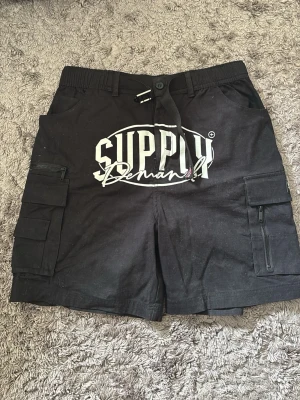 Svarta cargo shorts Supply & Demand - Svarta cargo shorts från Supply & Demand med stort vitt tryck framtill. Shortsen har flera fickor med dragkedja och knappstängning samt elastisk midja med snörning. Perfekta för en avslappnad streetwear-look.