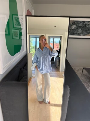 Ljusblå oversized skjorta - Säljer en ljusblå oversized skjorta i bomull med klassisk krage och knappar framtill. Skjortan har långa ärmar och en avslappnad passform som ger en cool och trendig look. Perfekt att styla med jeans eller byxor för en casual vibe.
