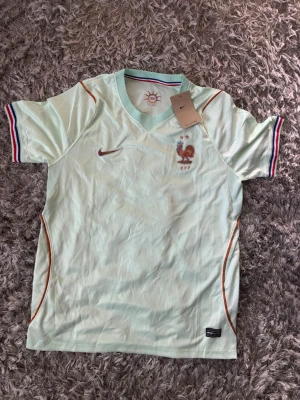 Ljusblå Nike fotbollströja Frankrike - Snygg ljusblå fotbollströja från Nike med Frankrikes landslagsemblem och röda detaljer. Tröjan har korta ärmar med röd, vit och blå rand på muddarna samt v-ringad krage. Tillverkad i lätt och ventilerande material med Dri-FIT-teknologi.