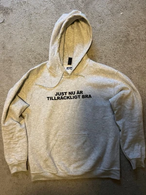 Grå hoodie med tryck från Ginger - Snygg grå hoodie från Glinger med svart text på bröstet: 'JUST NU ÄR TILLRÄCKLIGT BRA'. Klassisk passform med huva och dragsnören samt en stor magficka. Tillverkad i mjukt material, perfekt för chill dagar.