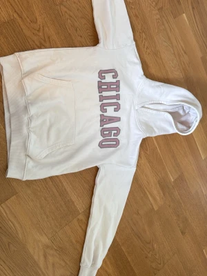 Beige hoodie med CHICAGO-tryck - Säljer en beige hoodie med huva och magficka. På bröstet står det CHICAGO i stora gammalrosa bokstäver. Hoodien har ribbade muddar vid ärmslut och nederkant. Perfekt för en avslappnad och trendig look.