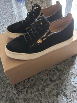 Svarta sneakers från Giuseppe Zanotti - Snygga svarta sneakers från Giuseppe Zanotti med guldfärgade detaljer. Säljer dessa då dessa bara ligger och skräpar i garderoben. Skicket ligger på 9/10 bara lite smutsiga vid sulan men mockan är i väldigt fint skick. Äkthets bevis finns så kom DM om ni behöver det !!! Stlrk 42 men passar 43