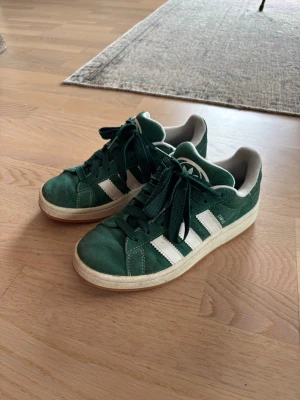 Gröna Adidas Campus sneakers - Gröna Adidas Campus sneakers i mocka med klassiska vita ränder på sidorna och vit sula.