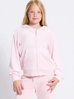 Ljusrosa hoodie med dragkedja - Mjuk och skön ljusrosa hoodie med dragkedja framtill och stor ficka på magen. Hoodien har en klassisk huva och ribbade muddar vid ärmslut och nederkant. Perfekt för en avslappnad och chill stil. Materialet ser ut att vara velour eller liknande mjukt tyg.