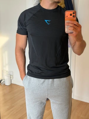 Svart träningströja från Gymshark - Säljer en svart kortärmad träningströja från Gymshark med blå logga på bröstet. Tröjan har meshdetaljer upptill för extra ventilation och är tillverkad i ett lätt, snabbtorkande material som passar perfekt till gymmet eller löpning. Modellen är 175cm och 40cm i omkrets (biceps)