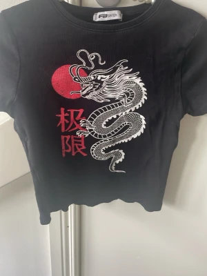 Svart t-shirt med draktryck - Cool svart t-shirt från FP Sister med ett stort vitt drakmotiv och röd sol på framsidan samt japanska tecken. T-shirten har rund hals och korta ärmar. Materialet ser ut att vara mjukt och stretchigt, perfekt för en edgy streetstyle-look.