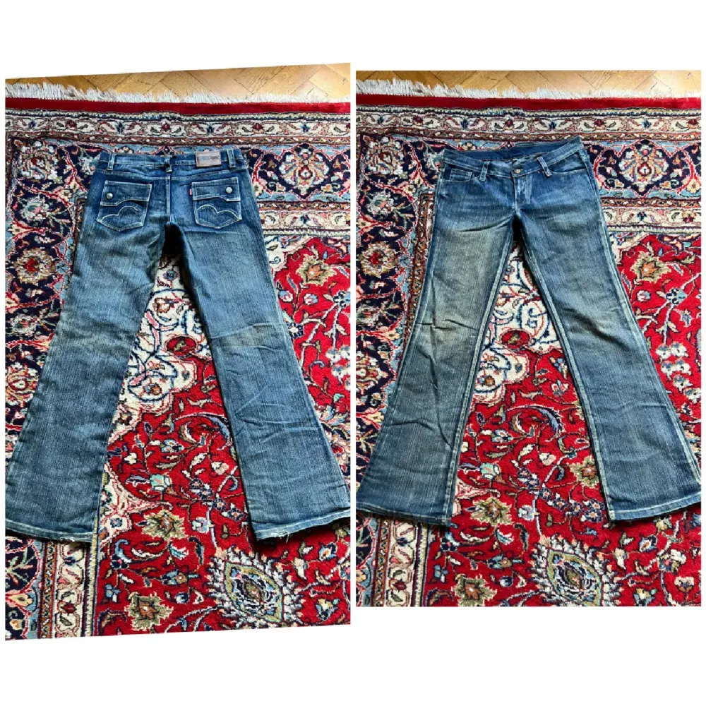 Säljer dessa lågmidjade bootcut jeansen, midja rakt över: 39cm, innerben: 78cm ❤️ Står storlek L inuti men uppskattar till S ❤️ Den ena ”bälthaken” är lös (se sista bilden) annars är de i toppen skick 🫶. Jeans & Byxor.