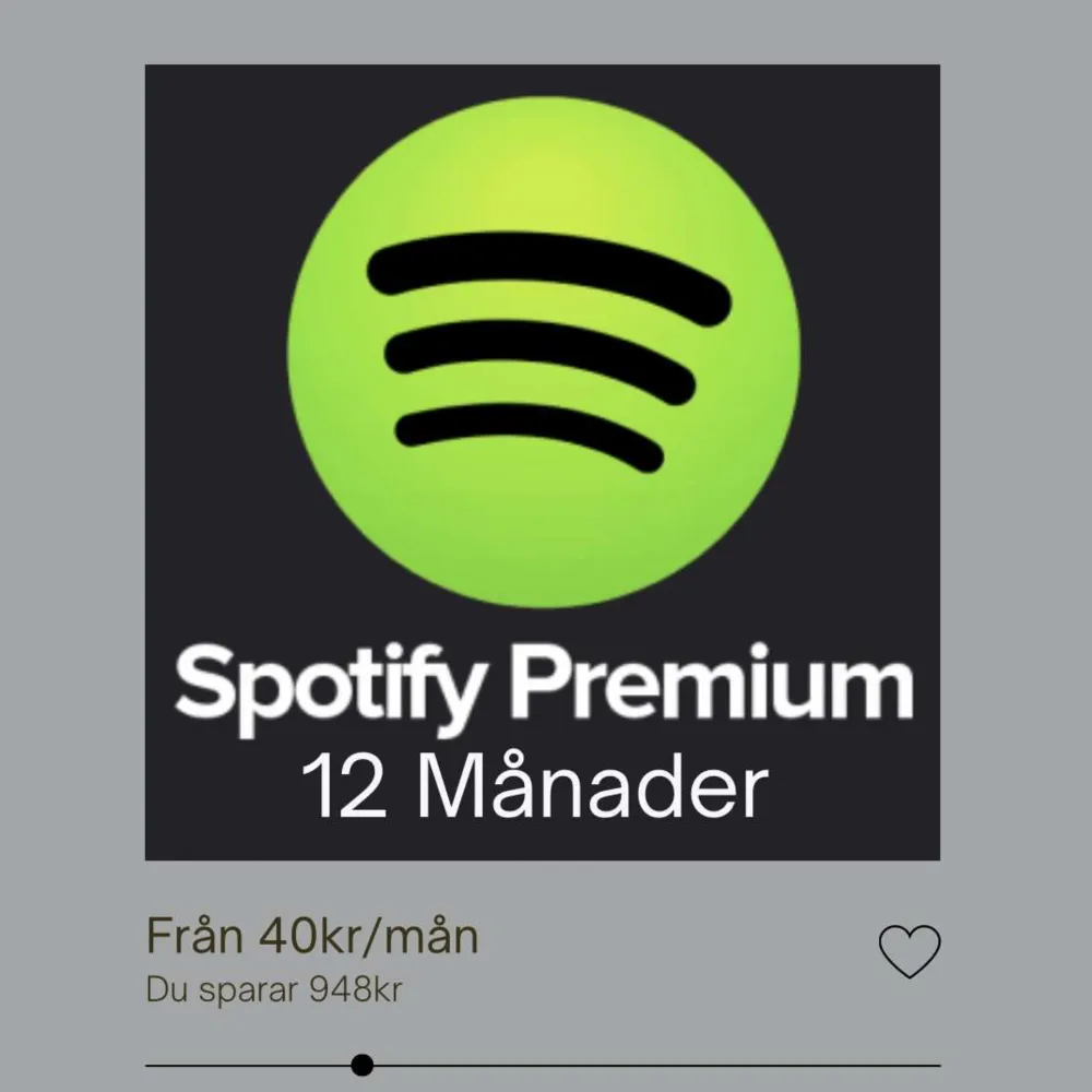 Du får ett nytt, eget Spotify konto med premium för 200kr.  Spotify pris: 1428/år. Vårt pris: 200kr/år.  Om en fråga uppstår är det bara att skicka ett meddelande.. Accessoarer.