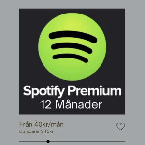 Spotify Premium 12 månader - 200kr - Du får ett nytt, eget Spotify konto med premium för 200kr.  Spotify pris: 1428/år. Vårt pris: 200kr/år.  Om en fråga uppstår är det bara att skicka ett meddelande.