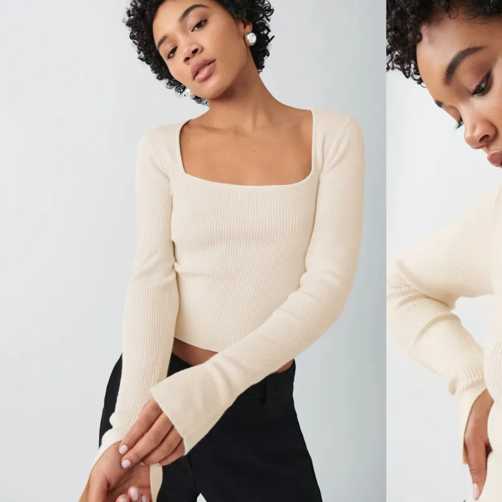 Långärmad tröja från Gina tricot med slit i armarna🥰Strl Xs Använd endast en gång då den ej kommit till användning!💕 . Toppar.