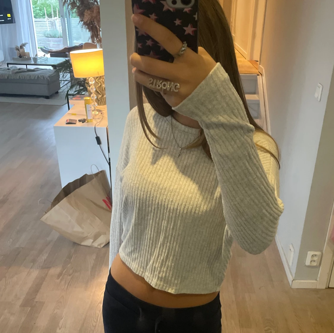 Ribbad långärmad tröja - 90