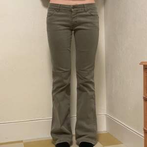 Utsvängda jeans från wrangler i storlek 29/32. De är gråa med lite nyans av militärgrönt. Jag är 167cm och de passar bra i längden. 