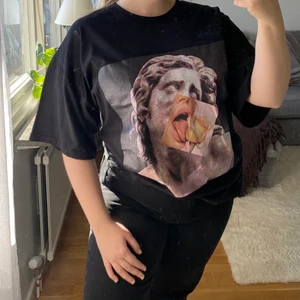Oversized T-shirt klänning - En väldigt oversized t-shirtklänning med ett ballt tryck på framsidan. Aldrig använd! Går lika bra att ha till ett par jeans som jag har på bilden🖤😋