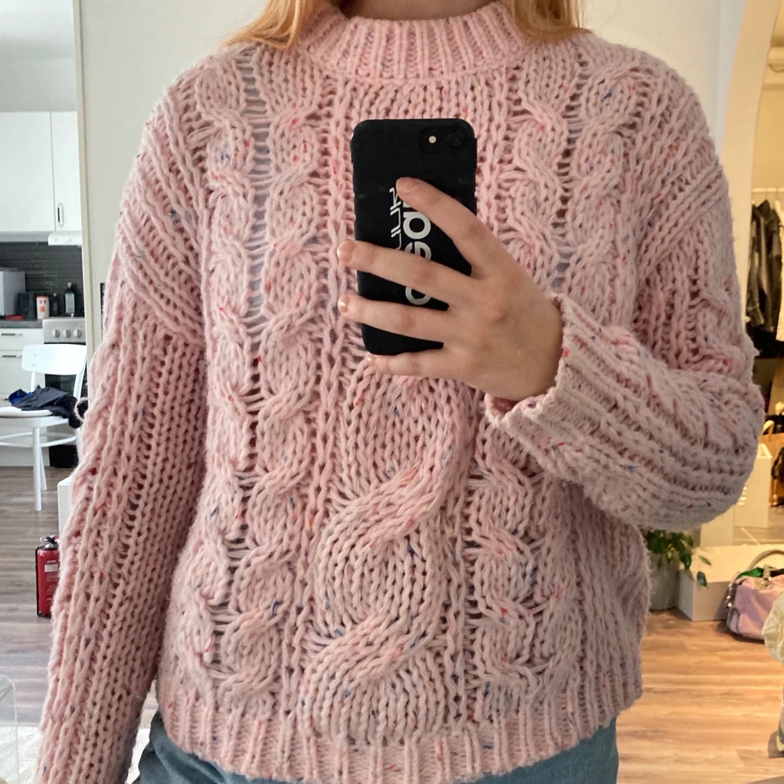 Rosa kabelstickad tröja  - 90