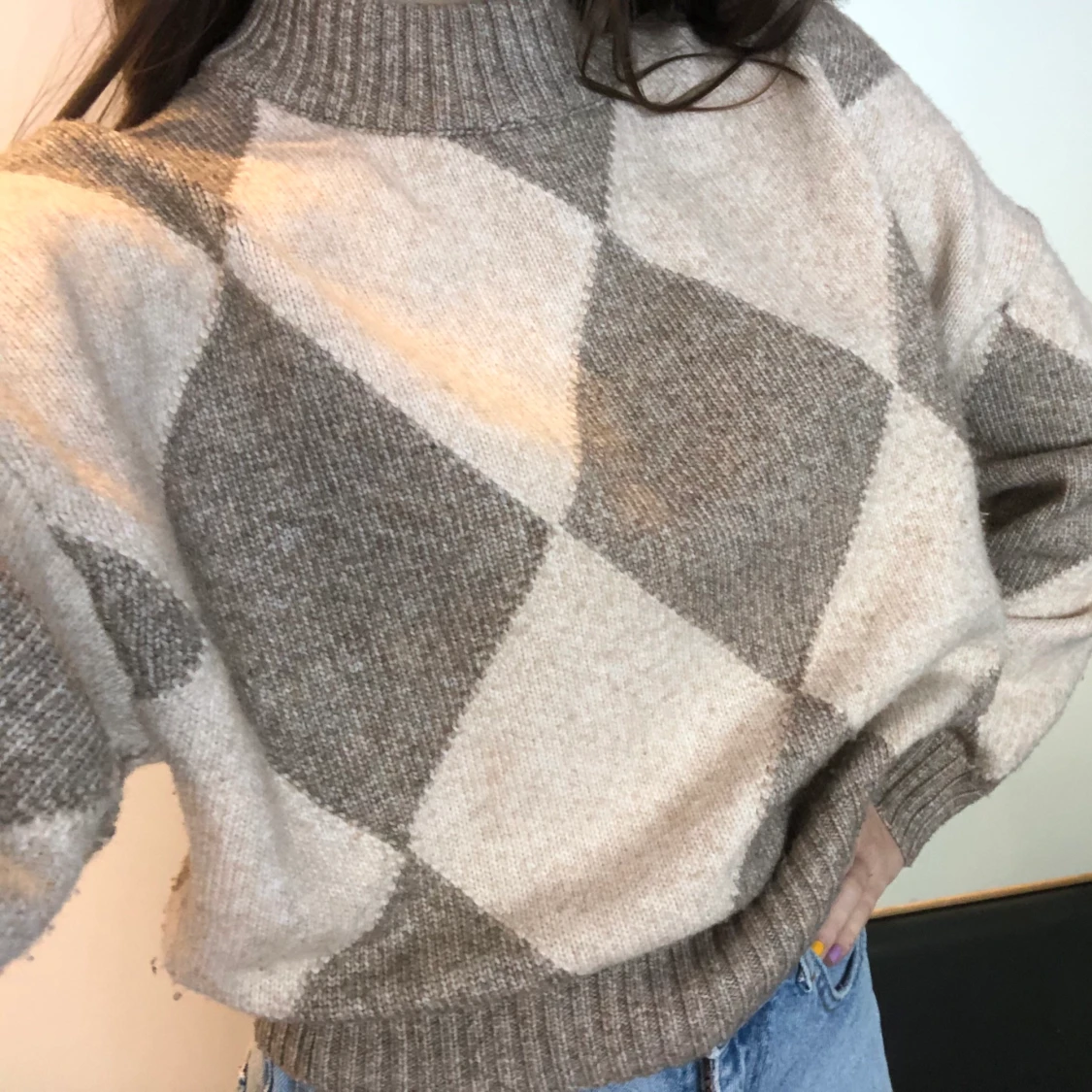 rutig stickad tröja - 90