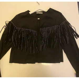 Svart jacka från zara storlek S - En svart ball jacka med silvriga fransar. Jackar är i storlek S men funkar lika bra som xs. Jackan är cirka 1 år gammal och har använts få tal gånger. Jackan är i väldigt gott skick. Önskas fler bilder så är det bara att höra av sig💓