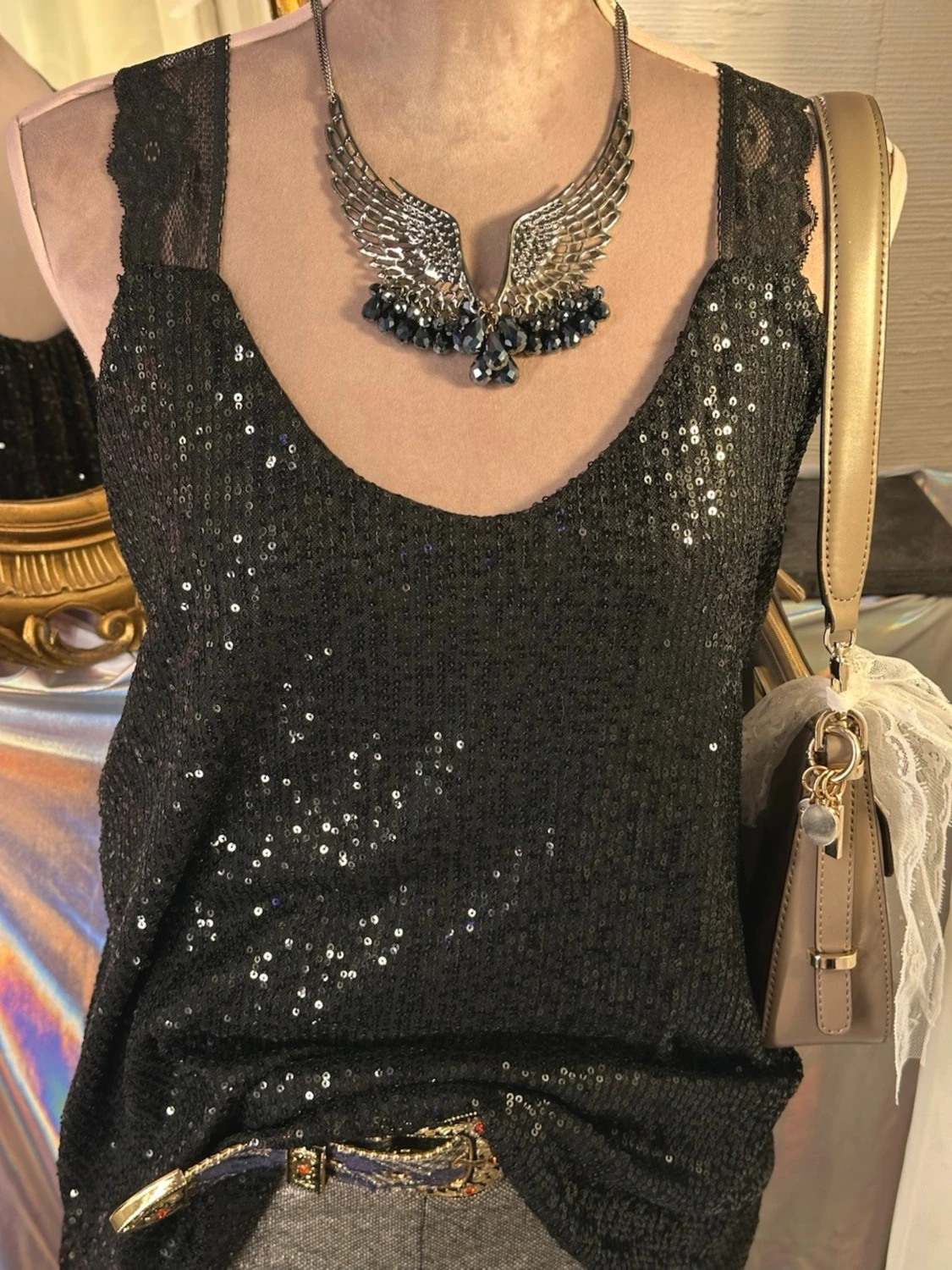 Glittrig svart paljett topp/ klänning med spetsband - 6