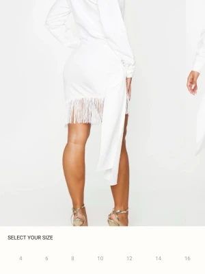 Vit omlottklänning med fransar - Säljer en vit kort omlottklänning från PrettyLittleThing med långa ärmar och v-ringning. Klänningen har snygga fransdetaljer längs nederkanten och ett knyt i sidan som ger en cool look. 